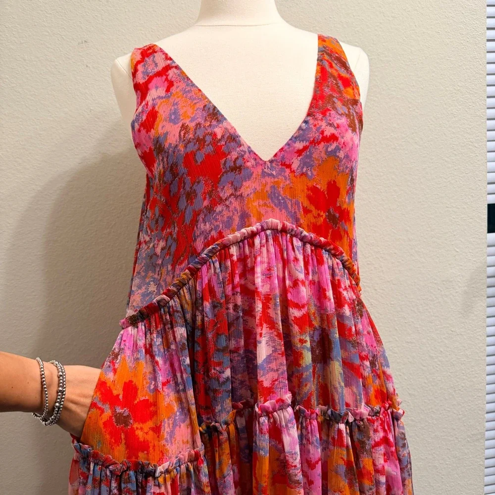 Free People Julianna Maxi Dress Small Red Floral Tiered Chiffon Sheer Boho Chic